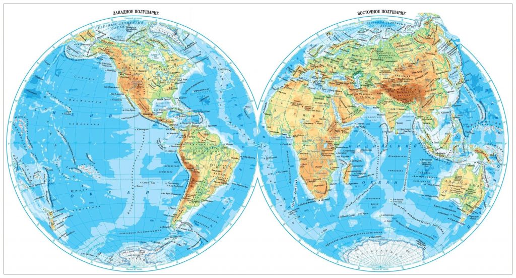 Физическая карта полушарий с горами и равнинами