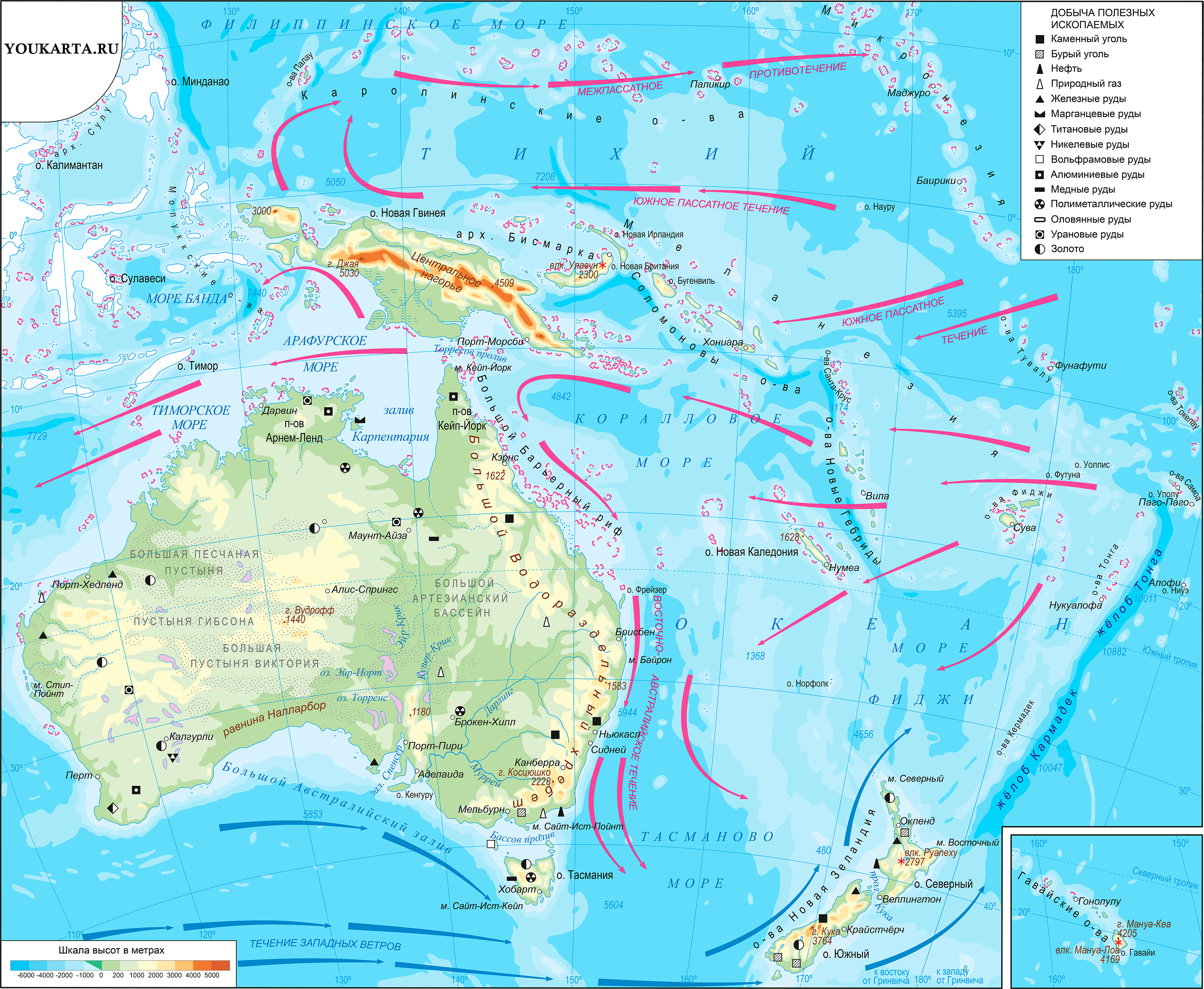 Физическая карта Австралии и Океании