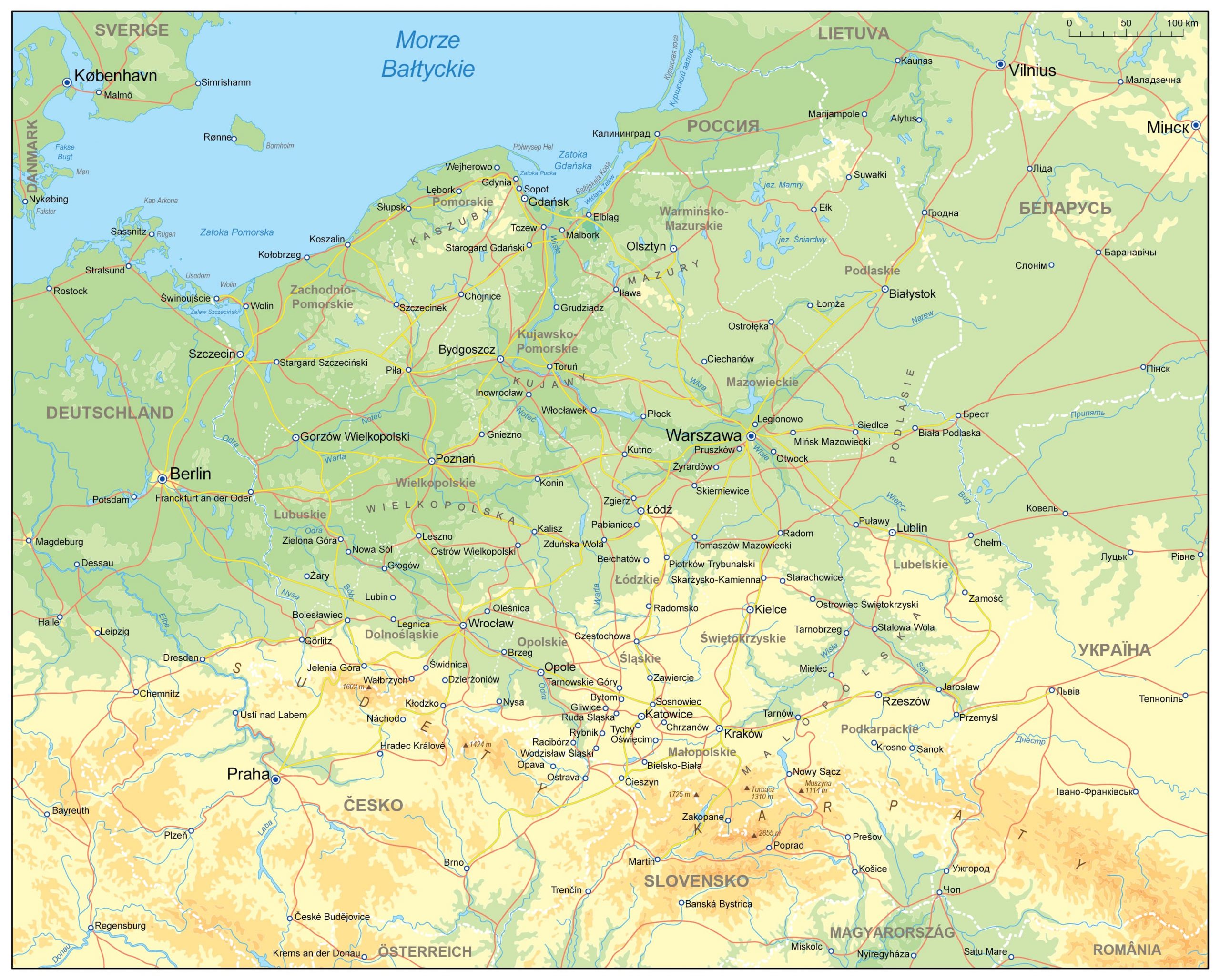 Подробная карта Польши с городами на русском 2023, физическая карта Польши