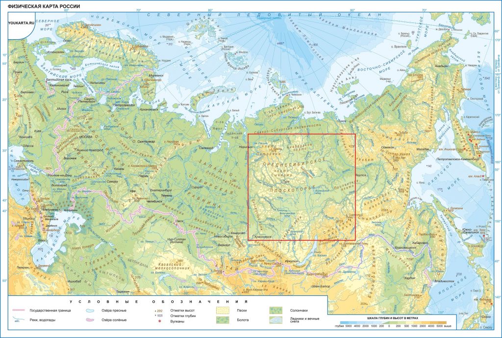 Среднесибирское плоскогорье на физической карте России