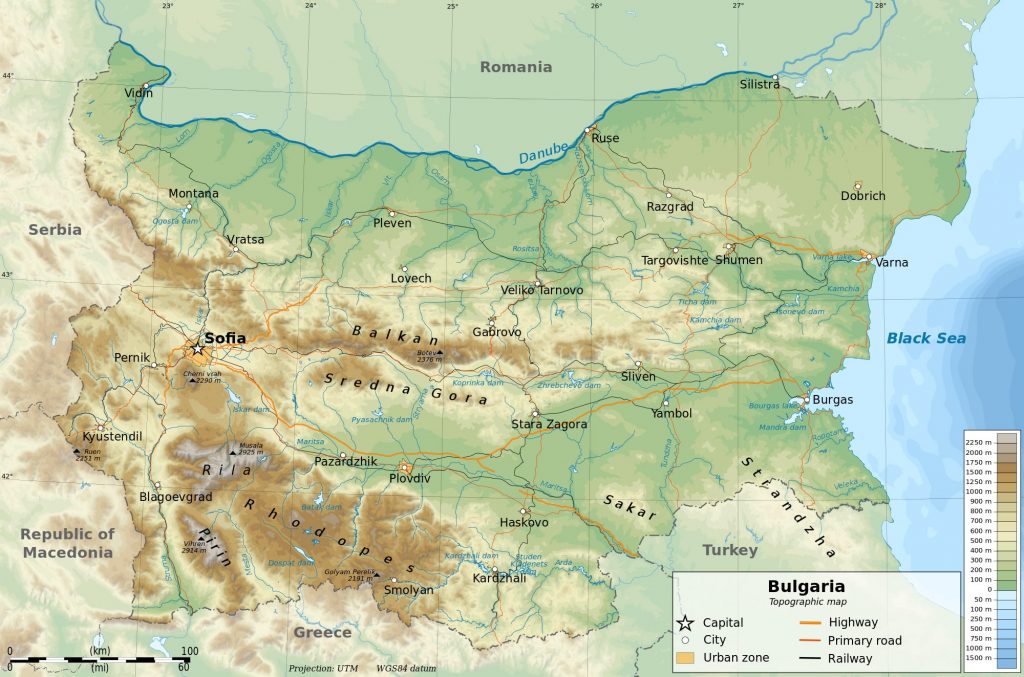 Карта рельефа Болгарии